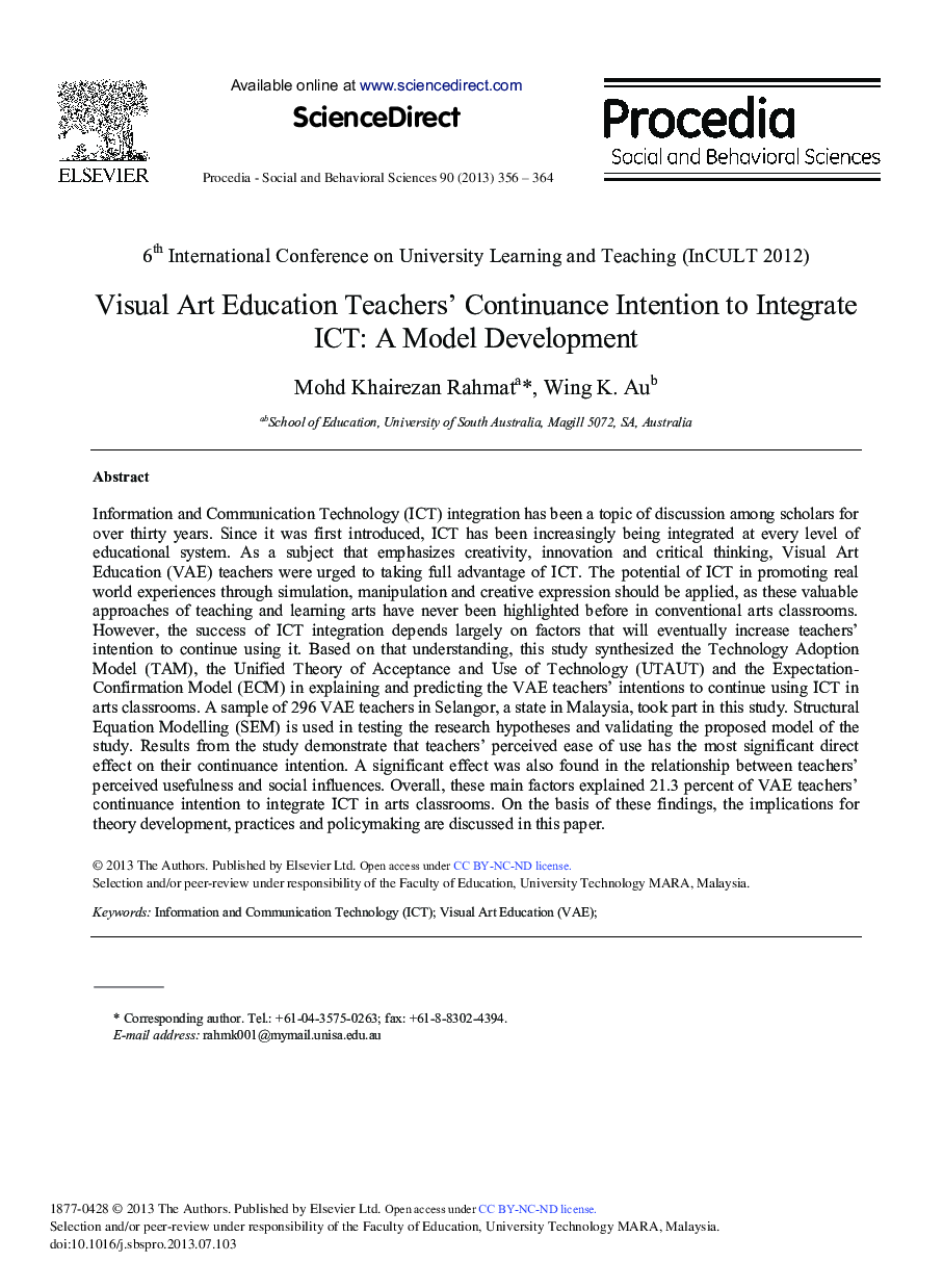 Visual Art Education Teachers’ Continuance Intention to Integrate ICT: A Model Development 