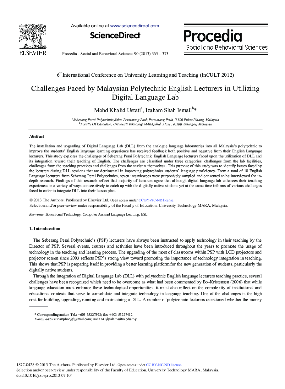 Challenges Faced by Malaysian Polytechnic English Lecturers in Utilizing Digital Language Lab 