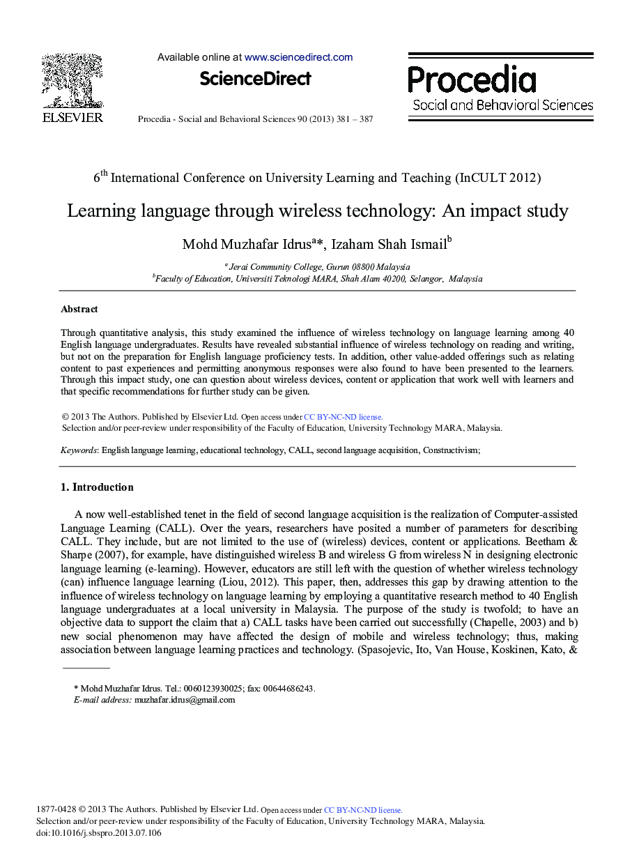 Learning Language Through Wireless Technology: An Impact Study 