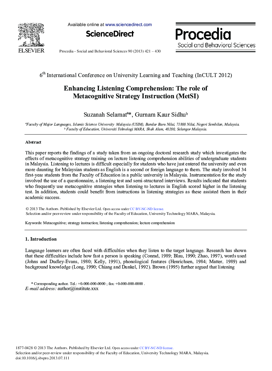 Enhancing Listening Comprehension: The Role of Metacognitive Strategy Instruction (MetSI) 