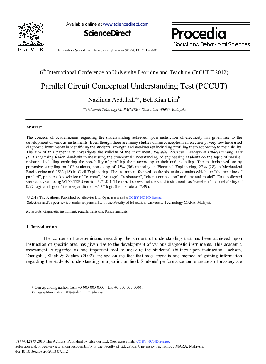 Parallel Circuit Conceptual Understanding Test (PCCUT) 