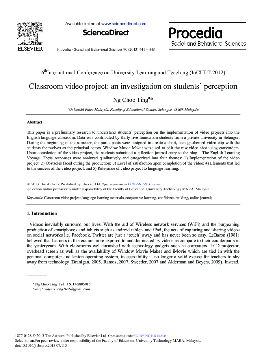 Classroom Video Project: An Investigation on Students Perception 