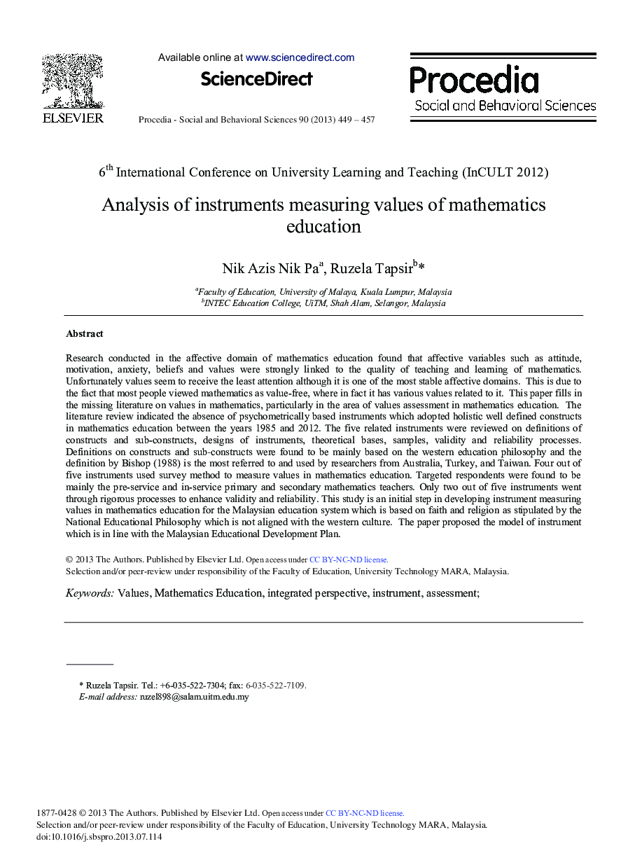 Analysis of Instruments Measuring Values of Mathematics Education 