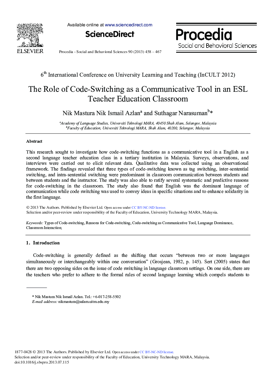 The Role of Code-switching as a Communicative Tool in an ESL Teacher Education Classroom 