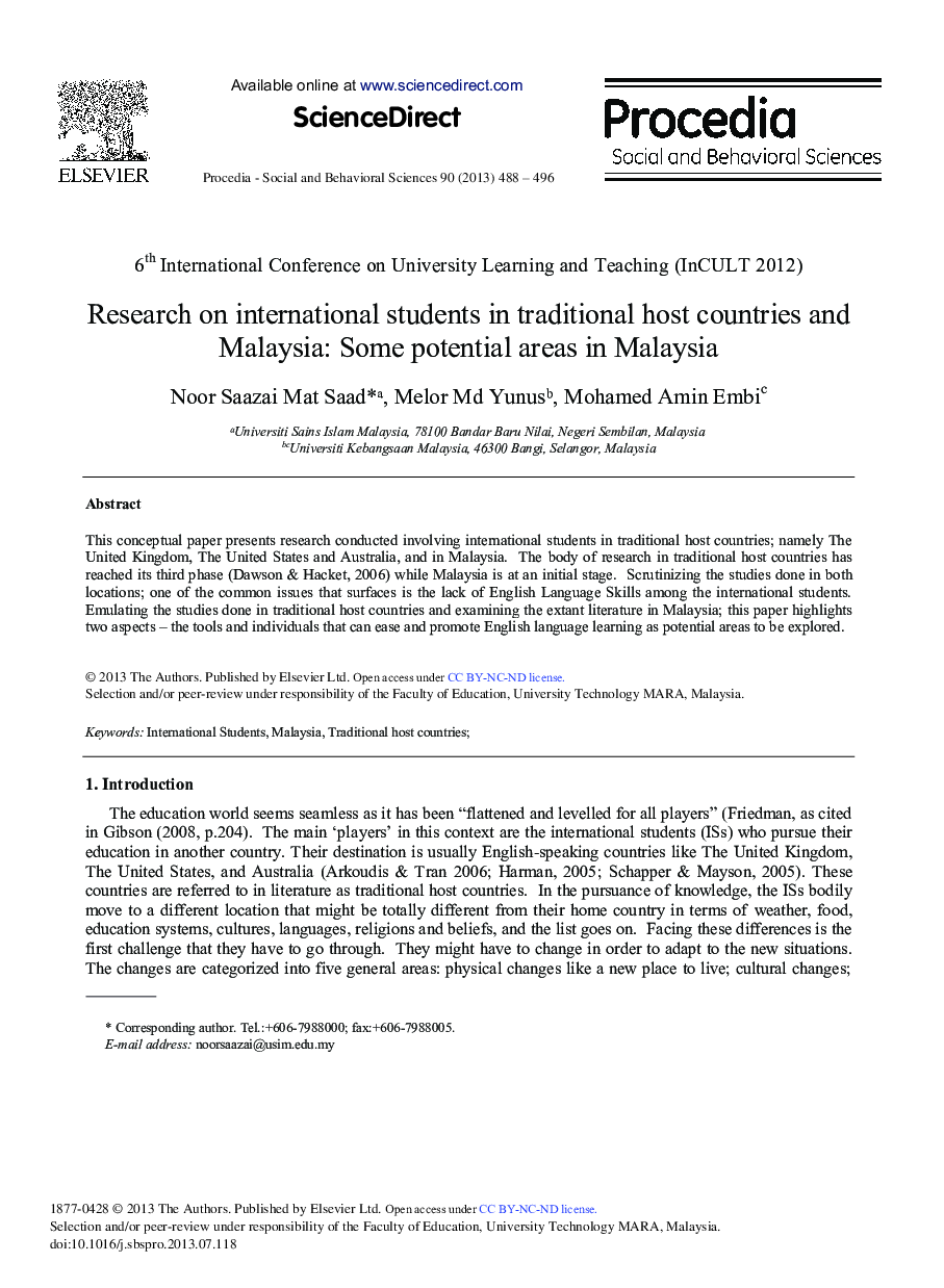 Research on International Students in Traditional Host Countries and Malaysia: Some Potential Areas in Malaysia 