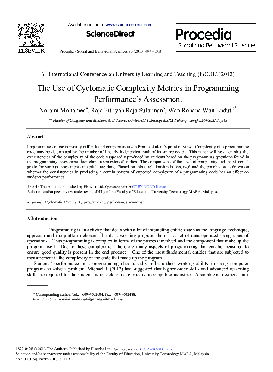 The Use of Cyclomatic Complexity Metrics in Programming Performance's Assessment 