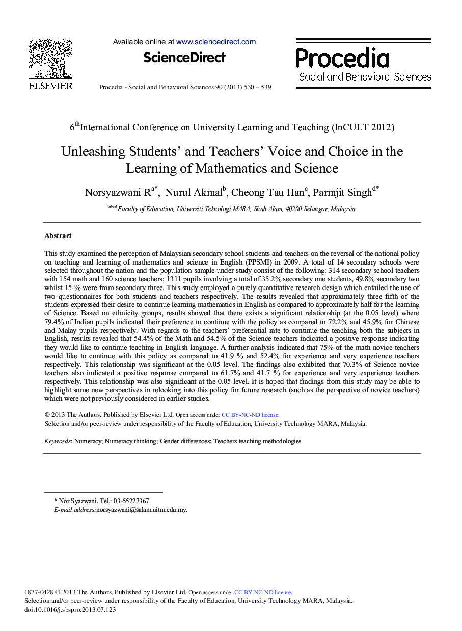 Unleashing Students’ and Teachers’ Voice and Choice in the Learning of Mathematics and Science 