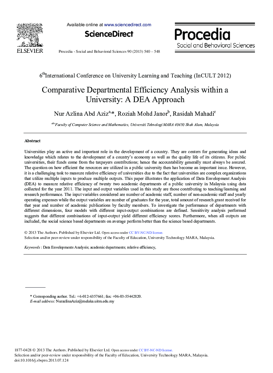 Comparative Departmental Efficiency Analysis within a University: A DEA Approach 