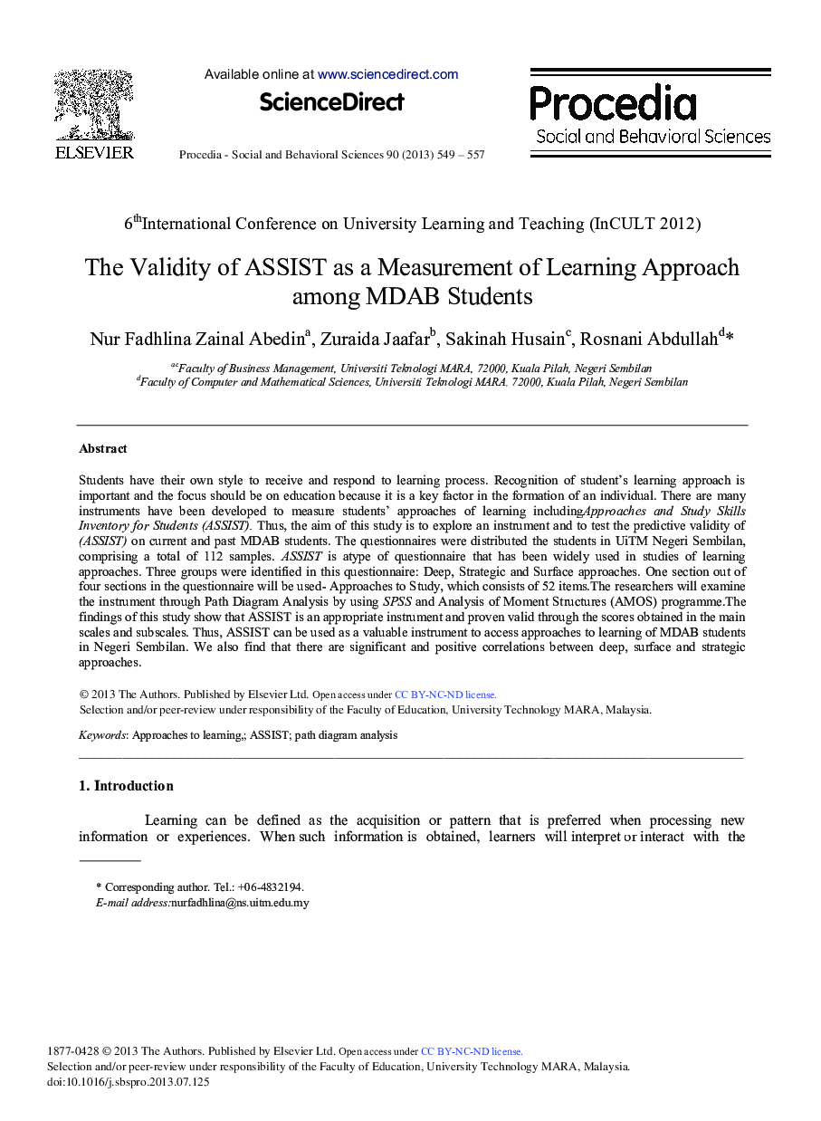 The Validity of ASSIST as a Measurement of Learning Approach among MDAB Students 