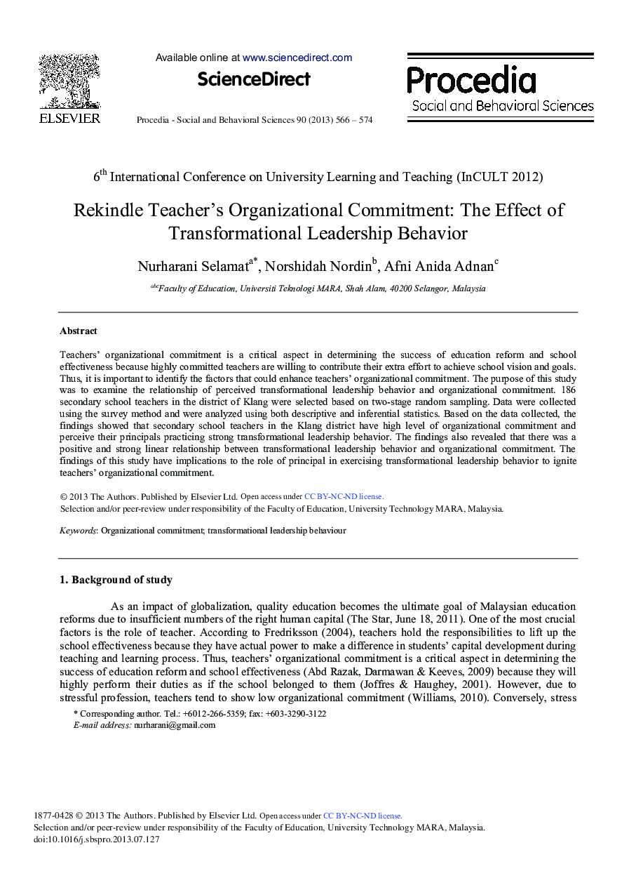 Rekindle Teacher's Organizational Commitment: The Effect of Transformational Leadership Behavior 