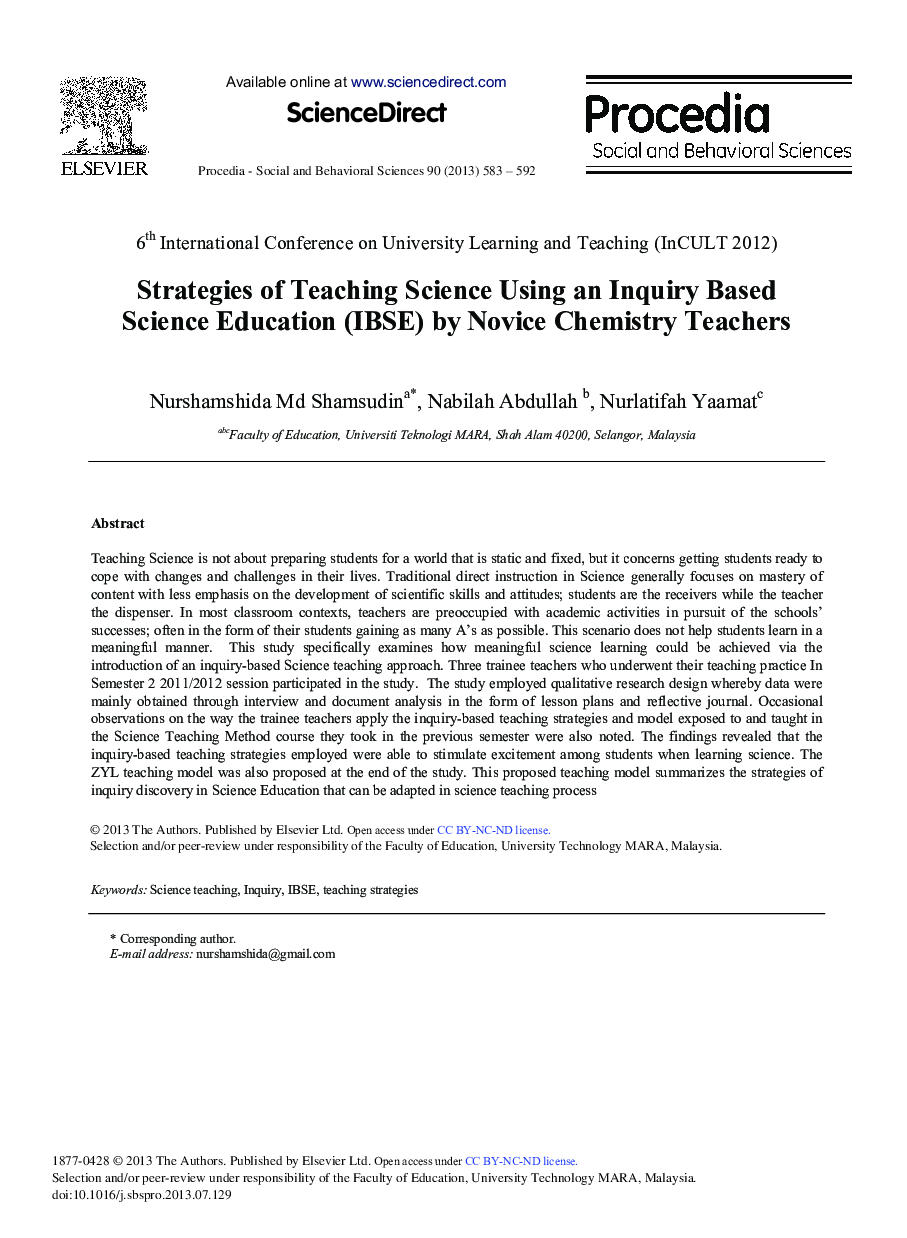 Strategies of Teaching Science Using an Inquiry based Science Education (IBSE) by Novice Chemistry Teachers 