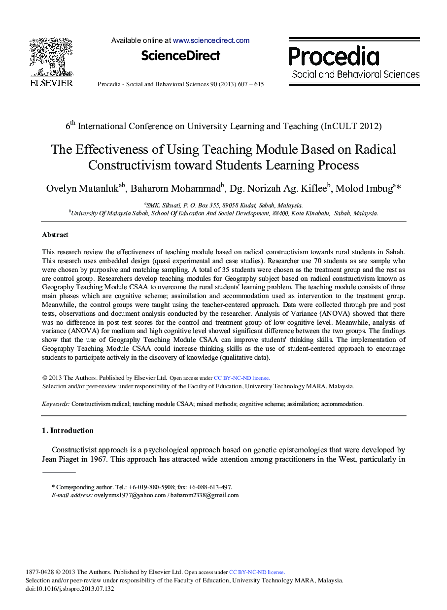 The Effectiveness of Using Teaching Module based on Radical Constructivism toward Students Learning Process 