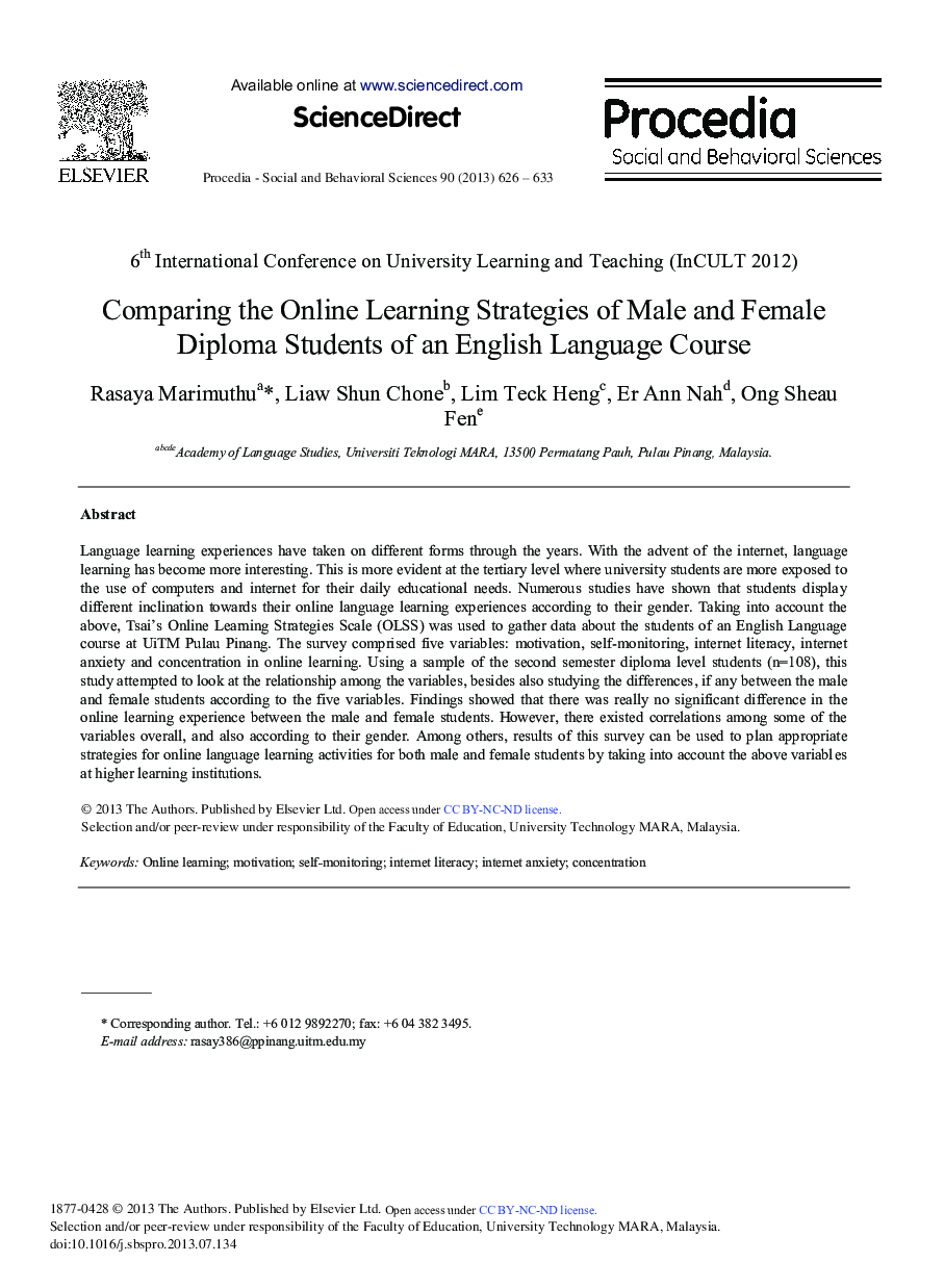 Comparing the Online Learning Strategies of Male and Female Diploma Students of an English Language Course 