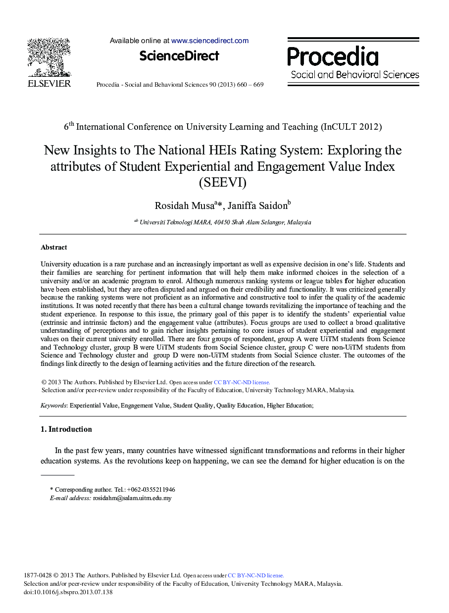 New Insights to The National HEIs Rating System: Exploring the attributes of Student Experiential and Engagement Value Index (SEEVI) 