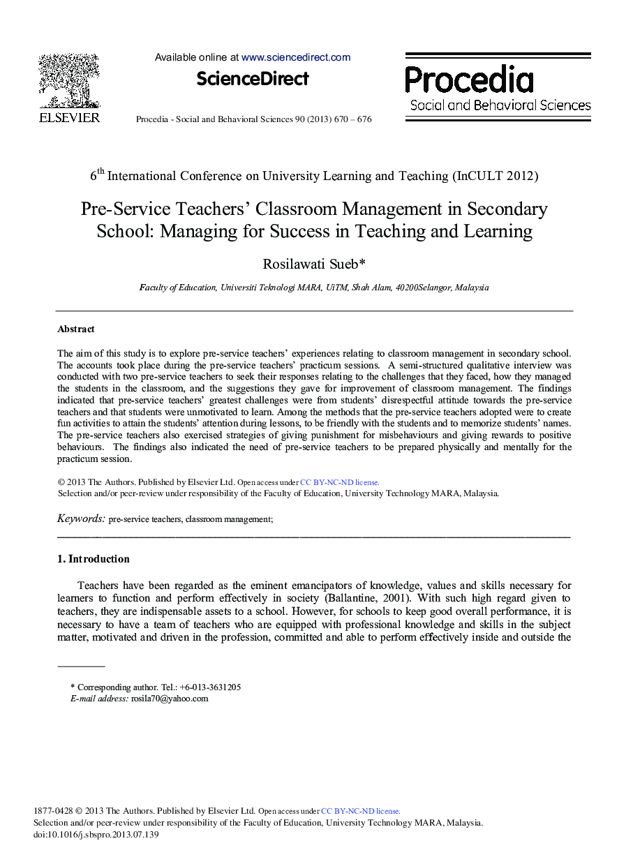 Pre-service Teachers’ Classroom Management in Secondary School: Managing for Success in Teaching and Learning 