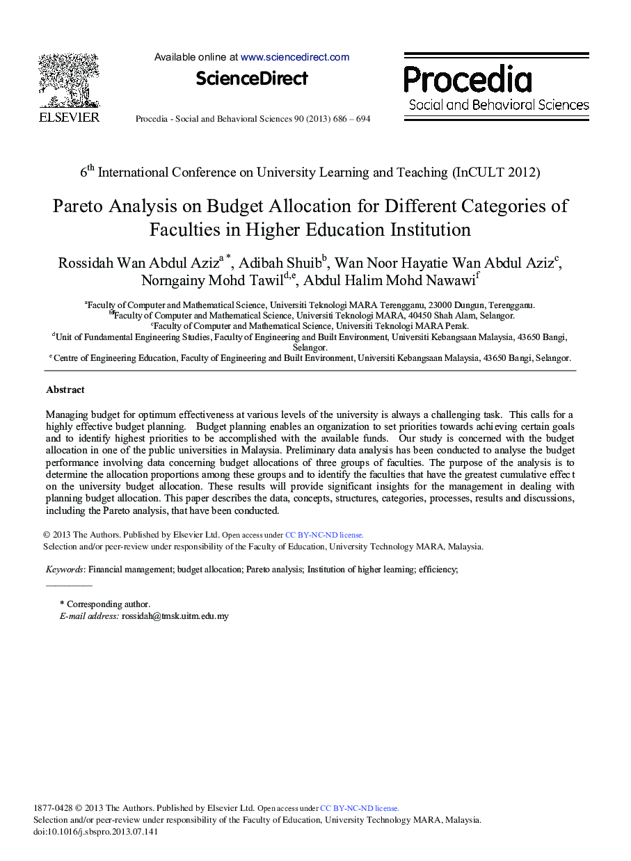 Pareto Analysis on Budget Allocation for Different Categories of Faculties in Higher Education Institution 