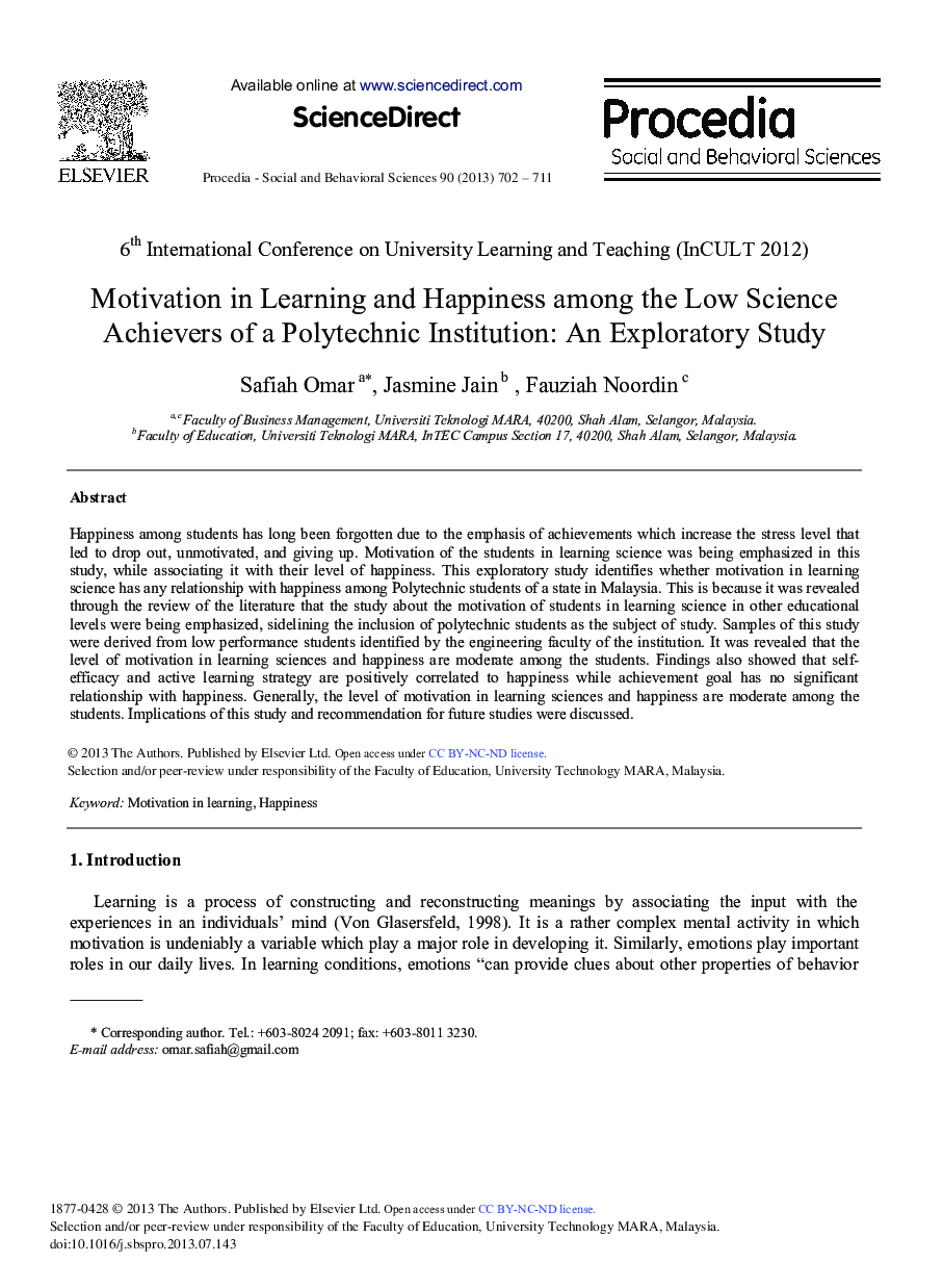 Motivation in Learning and Happiness among the Low Science Achievers of a Polytechnic Institution: An Exploratory Study 