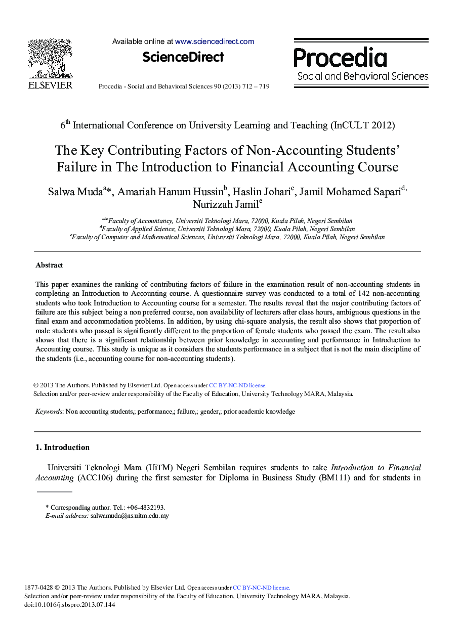 The Key Contributing Factors of Non-accounting Students’ Failure in the Introduction to Financial Accounting Course 