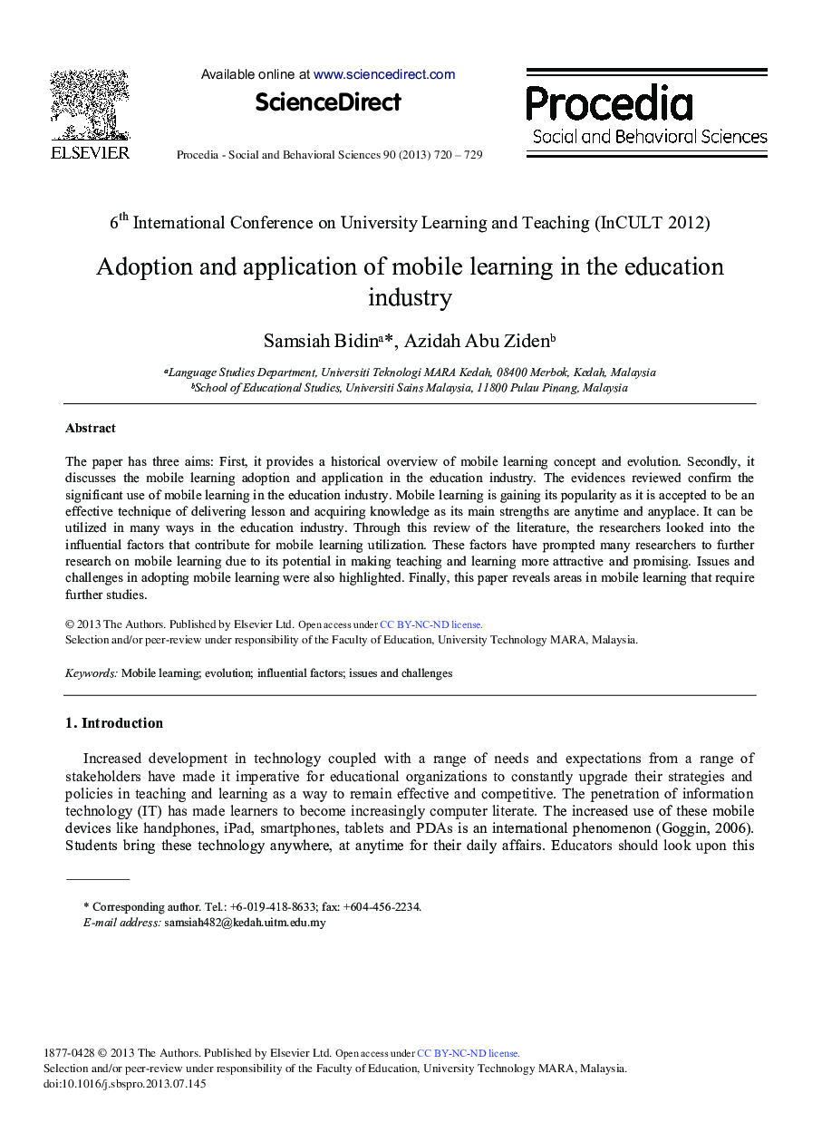 Adoption and Application of Mobile Learning in the Education Industry 