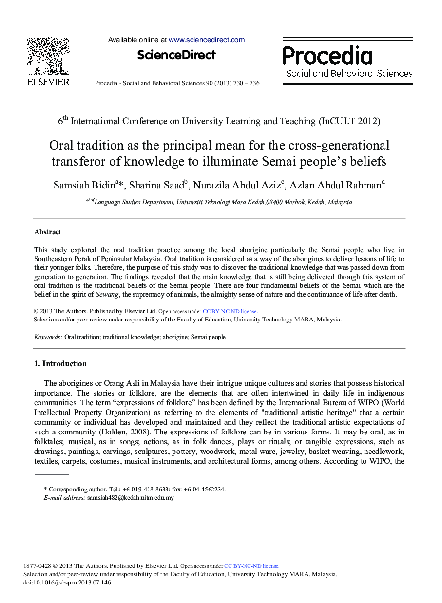 Oral Tradition as the Principal Mean for the Cross-generational Transferor of Knowledge to Illuminate Semai People's Beliefs 