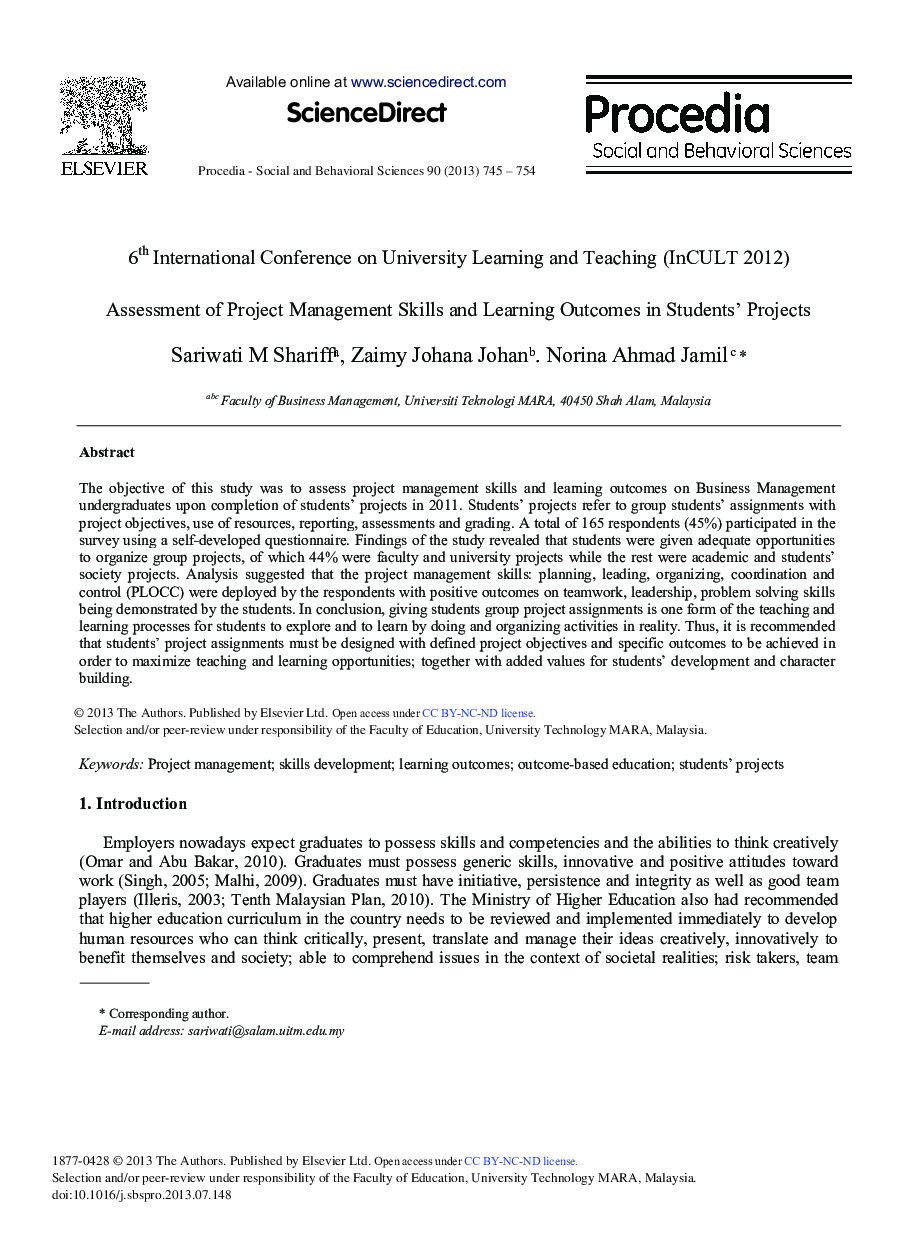 Assessment of Project Management Skills and Learning Outcomes in Students’ Projects 