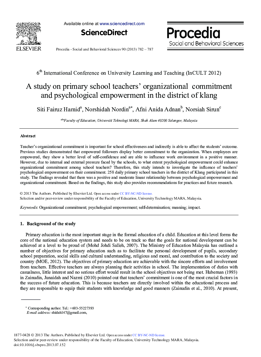 A Study on Primary School Teachers’ Organizational Commitment and Psychological Empowerment in the District of Klang 