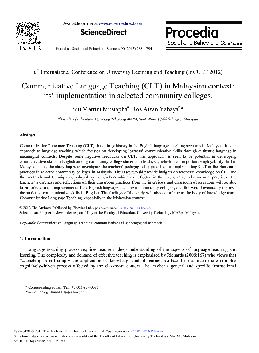 Communicative Language Teaching (CLT) in Malaysian Context: Its’ Implementation in Selected Community Colleges 