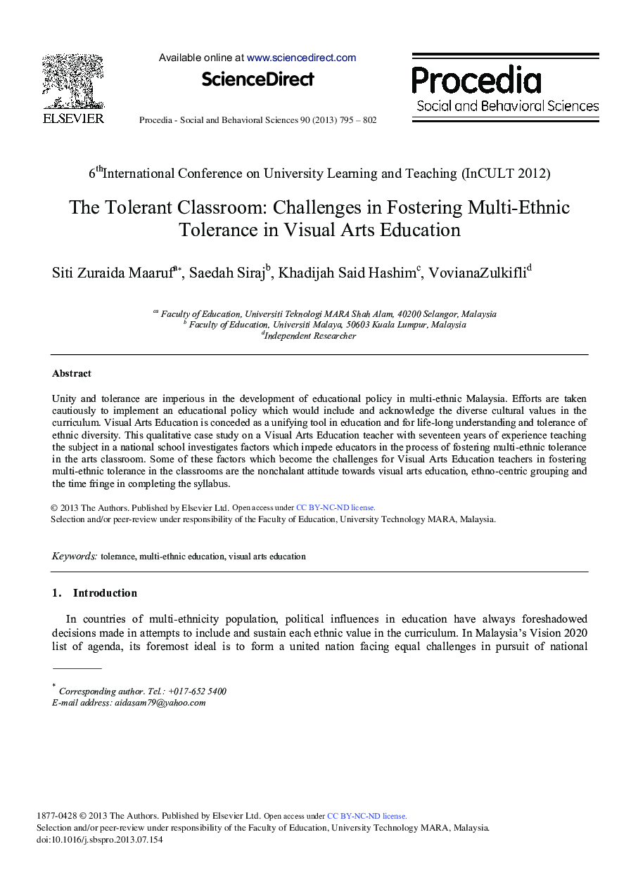 The Tolerant Classroom: Challenges in Fostering Multi-ethnic Tolerance in Visual Arts Education 