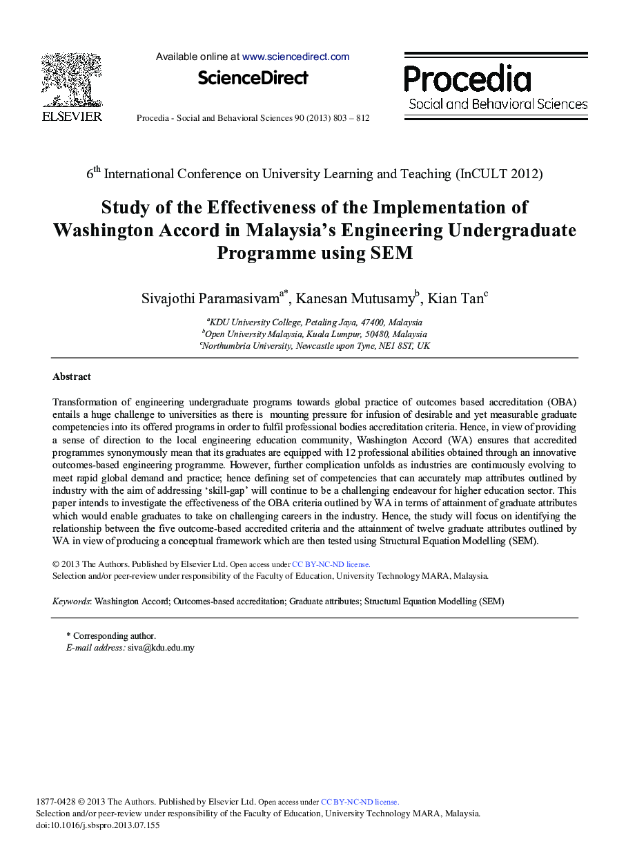 Study of the Effectiveness of the Implementation of Washington Accord in Malaysia's Engineering Undergraduate Programme Using SEM 