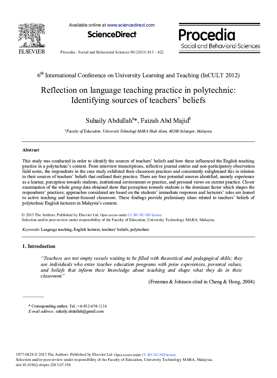 Reflection on Language Teaching Practice in Polytechnic: Identifying Sources of Teachers’ Beliefs 