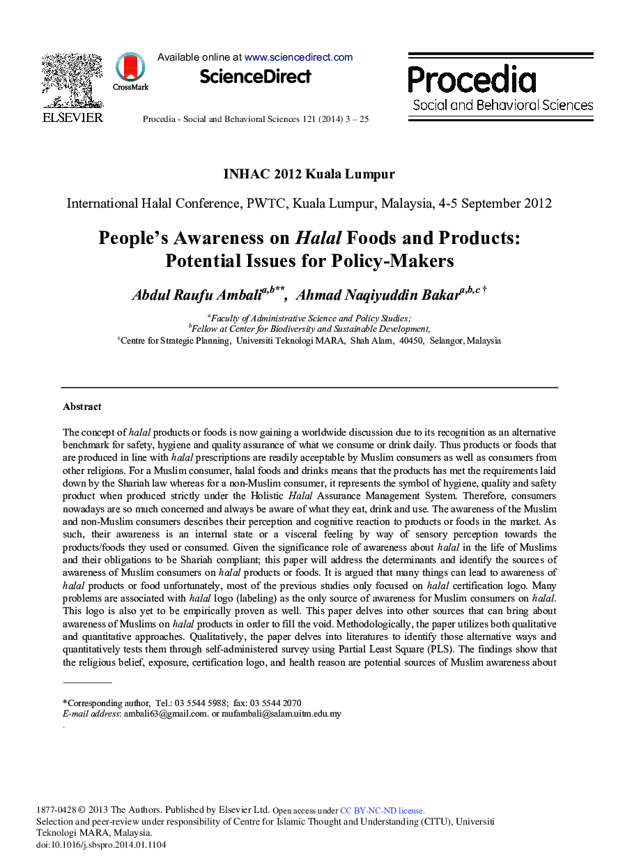 People's Awareness on Halal Foods and Products: Potential Issues for Policy-makers 