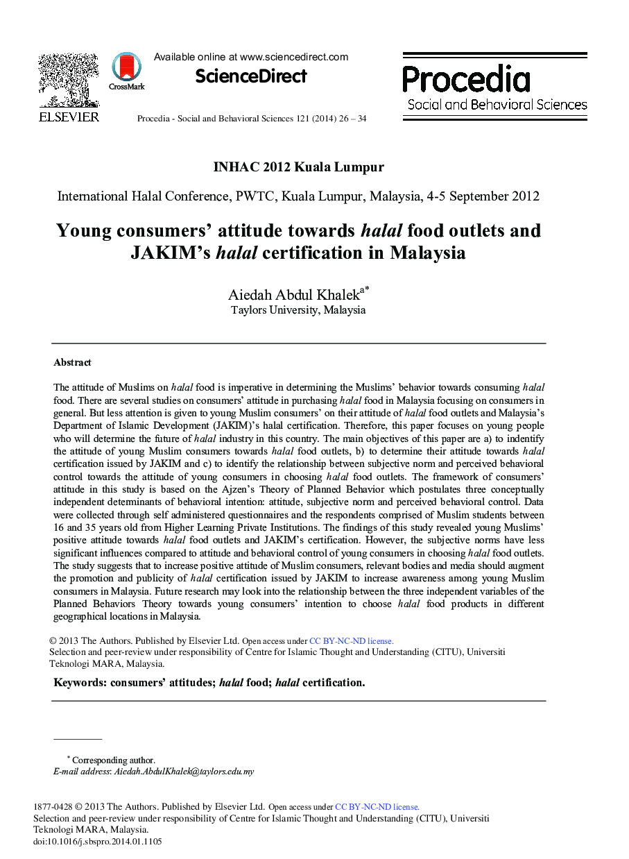 Young Consumers’ Attitude towards Halal Food Outlets and JAKIM's Halal Certification in Malaysia 