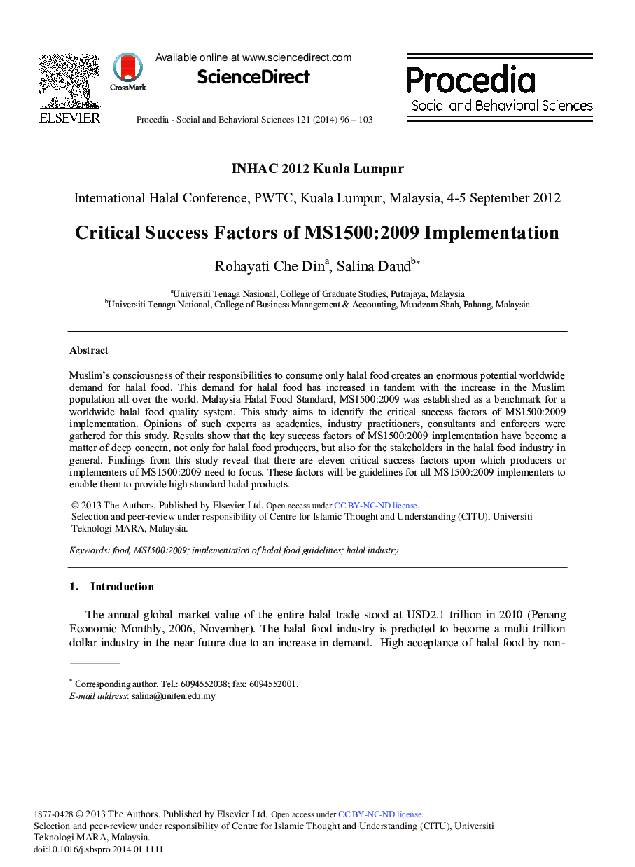 Critical Success Factors of MS1500:2009 Implementation 