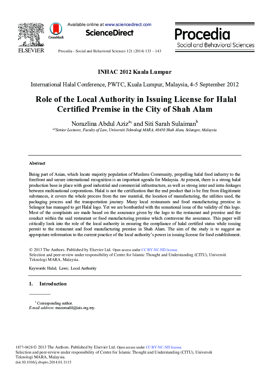 Role of the Local Authority in Issuing License for Halal Certified Premise in the City of Shah Alam 