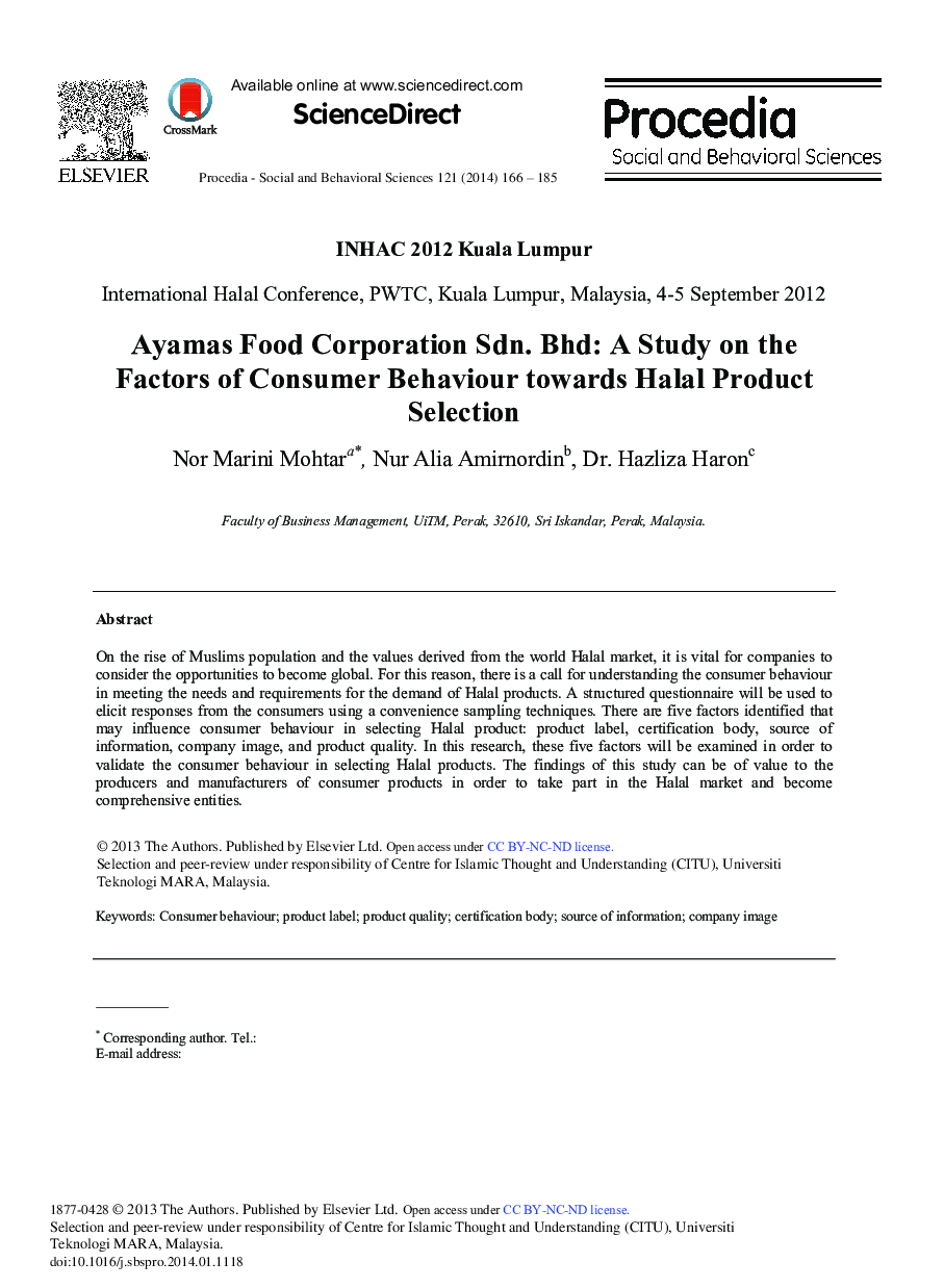 Ayamas Food Corporation Sdn. Bhd: A Study on the Factors of Consumer Behaviour towards Halal Product Selection 