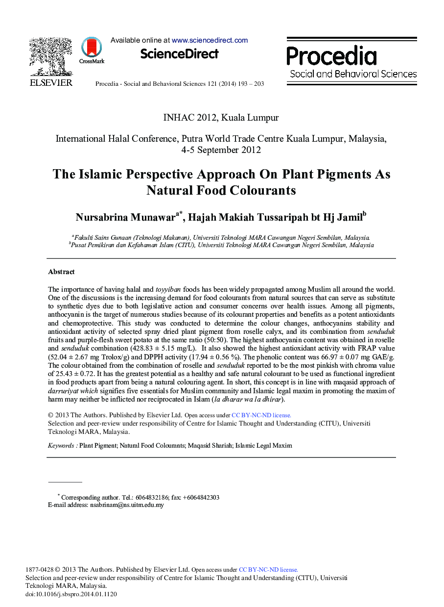 The Islamic Perspective Approach on Plant Pigments as Natural Food Colourants 