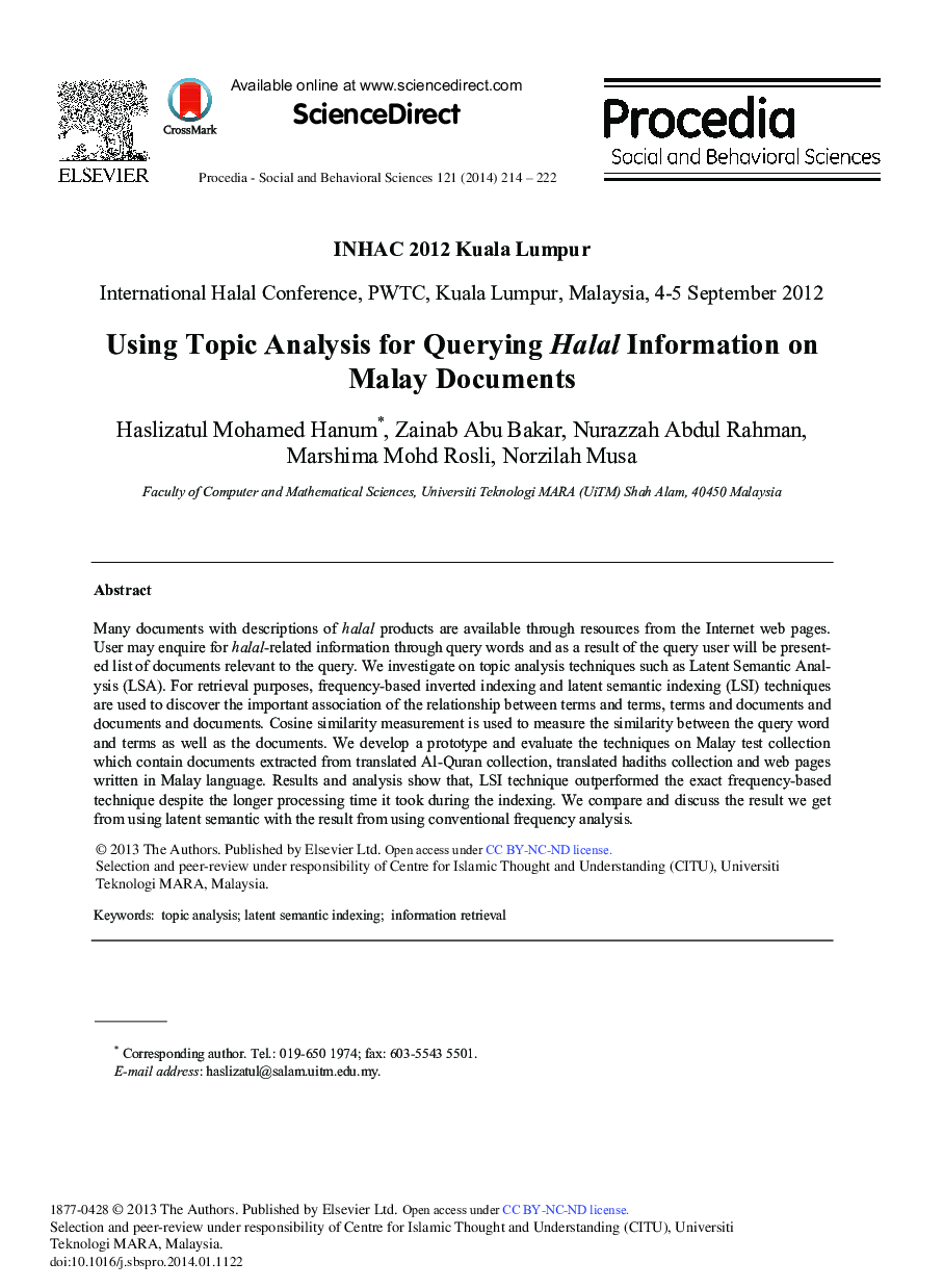 Using Topic Analysis for Querying Halal Information on Malay Documents 