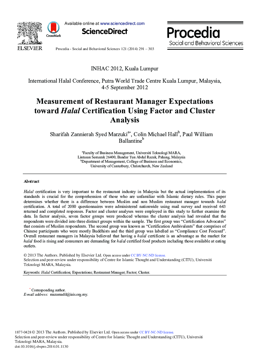 Measurement of Restaurant Manager Expectations toward Halal Certification Using Factor and Cluster Analysis 