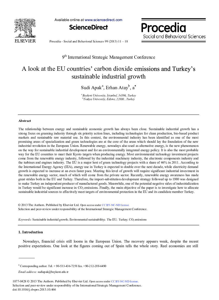 A Look at the EU Countries’ Carbon Dioxide Emissions and Turkey's Sustainable Industrial Growth 