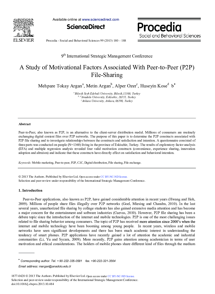 A Study of Motivational Factors Associated With Peer-to-Peer (P2P) File-Sharing 