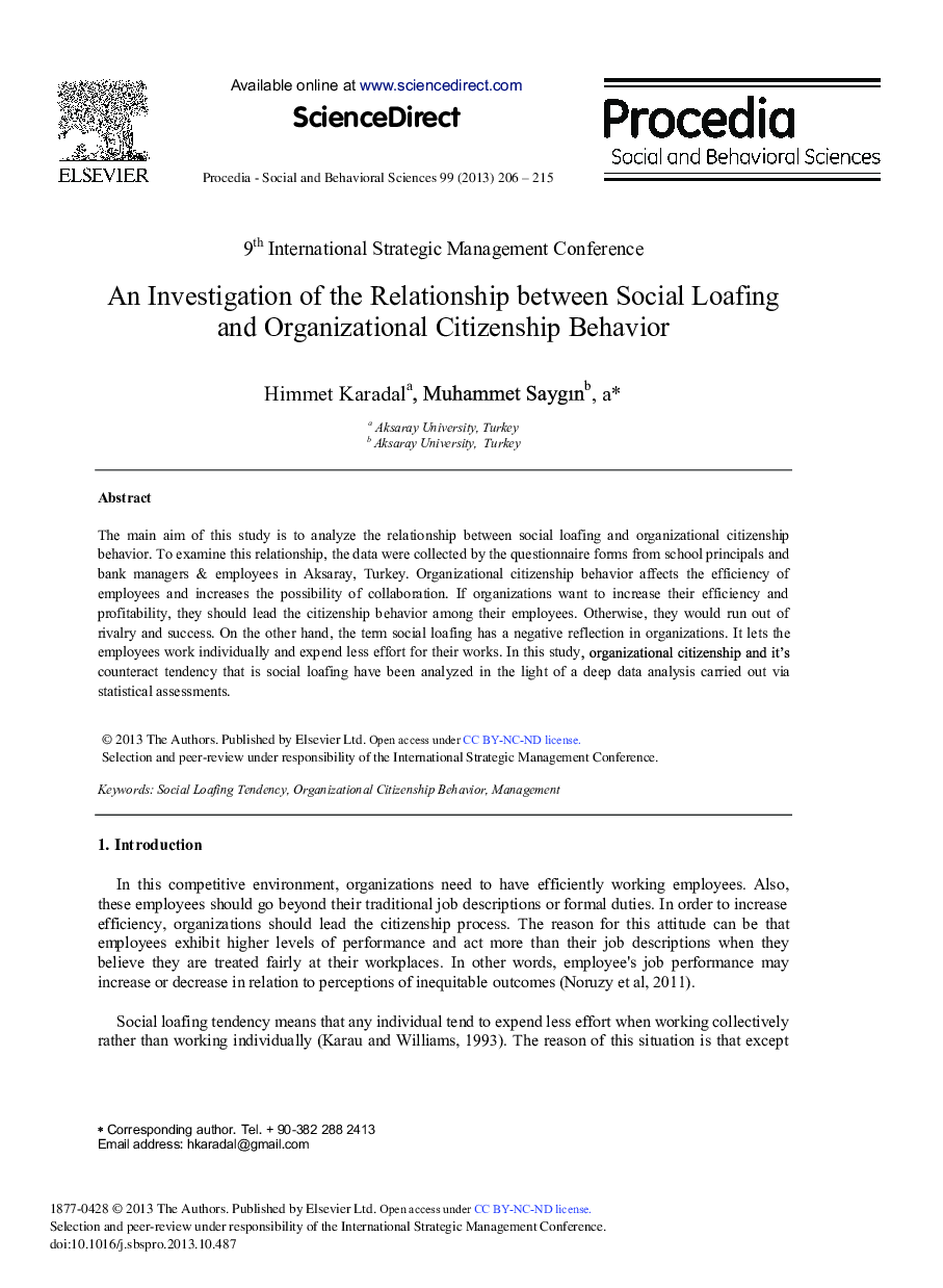 An Investigation of the Relationship between Social Loafing and Organizational Citizenship Behavior 