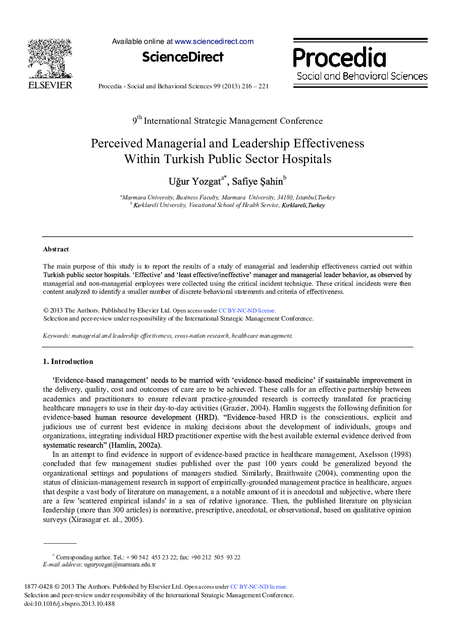Perceived Managerial and Leadership Effectiveness within Turkish Public Sector Hospitals 