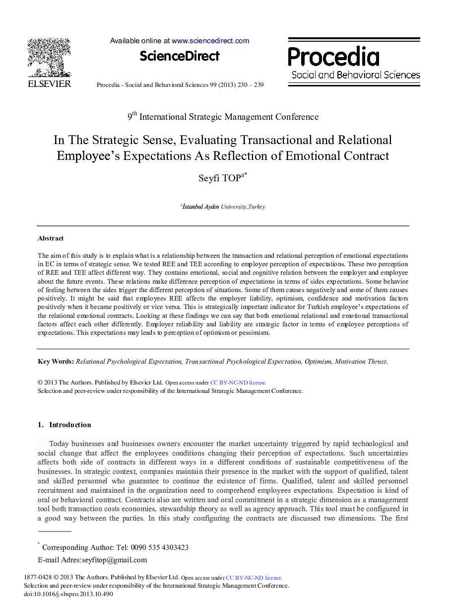 In the Strategic Sense, Evaluating Transactional and Relational Employee's Expectations as Reflection of Emotional Contract 