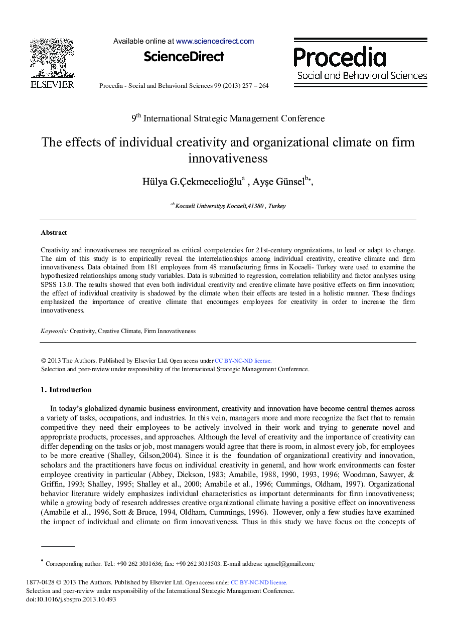 The Effects of Individual Creativity and Organizational Climate on Firm Innovativeness 