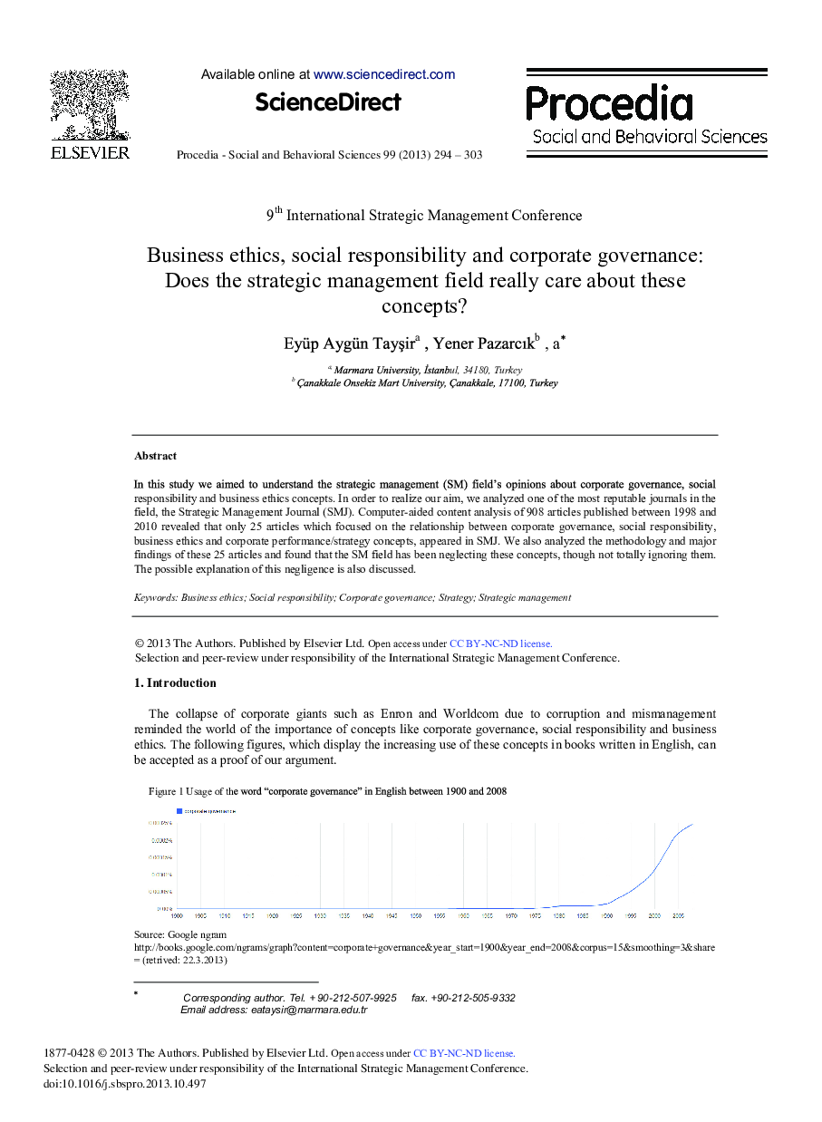 Business Ethics, Social Responsibility and Corporate Governance: Does the Strategic Management Field Really Care about these Concepts?