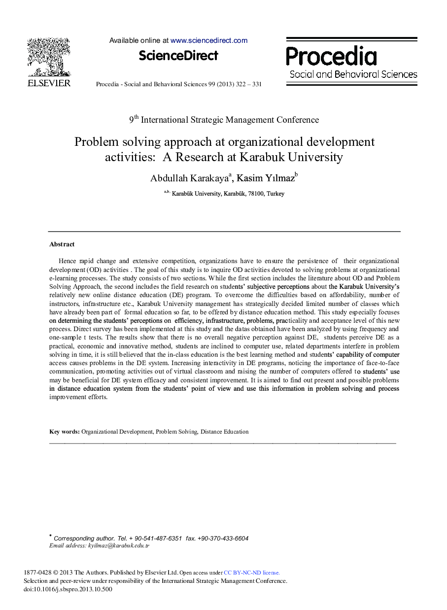 Problem Solving Approach at Organizational Development Activities: A Research at Karabuk University 
