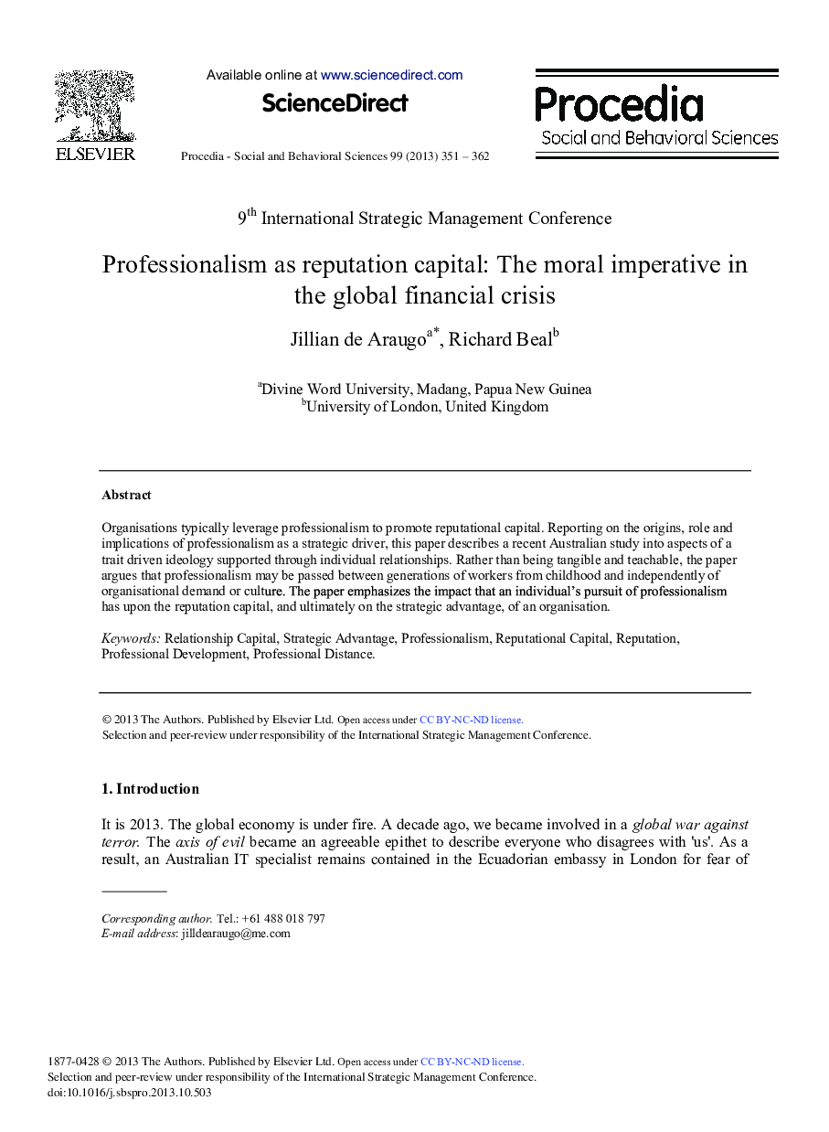 Professionalism as Reputation Capital: The Moral Imperative in the Global Financial Crisis 