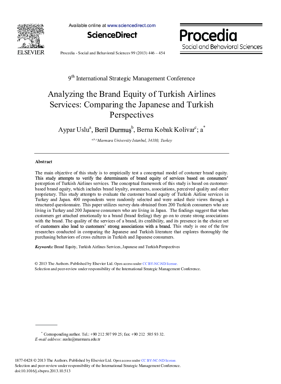 Analyzing the Brand Equity of Turkish Airlines Services: Comparing the Japanese and Turkish Perspectives 