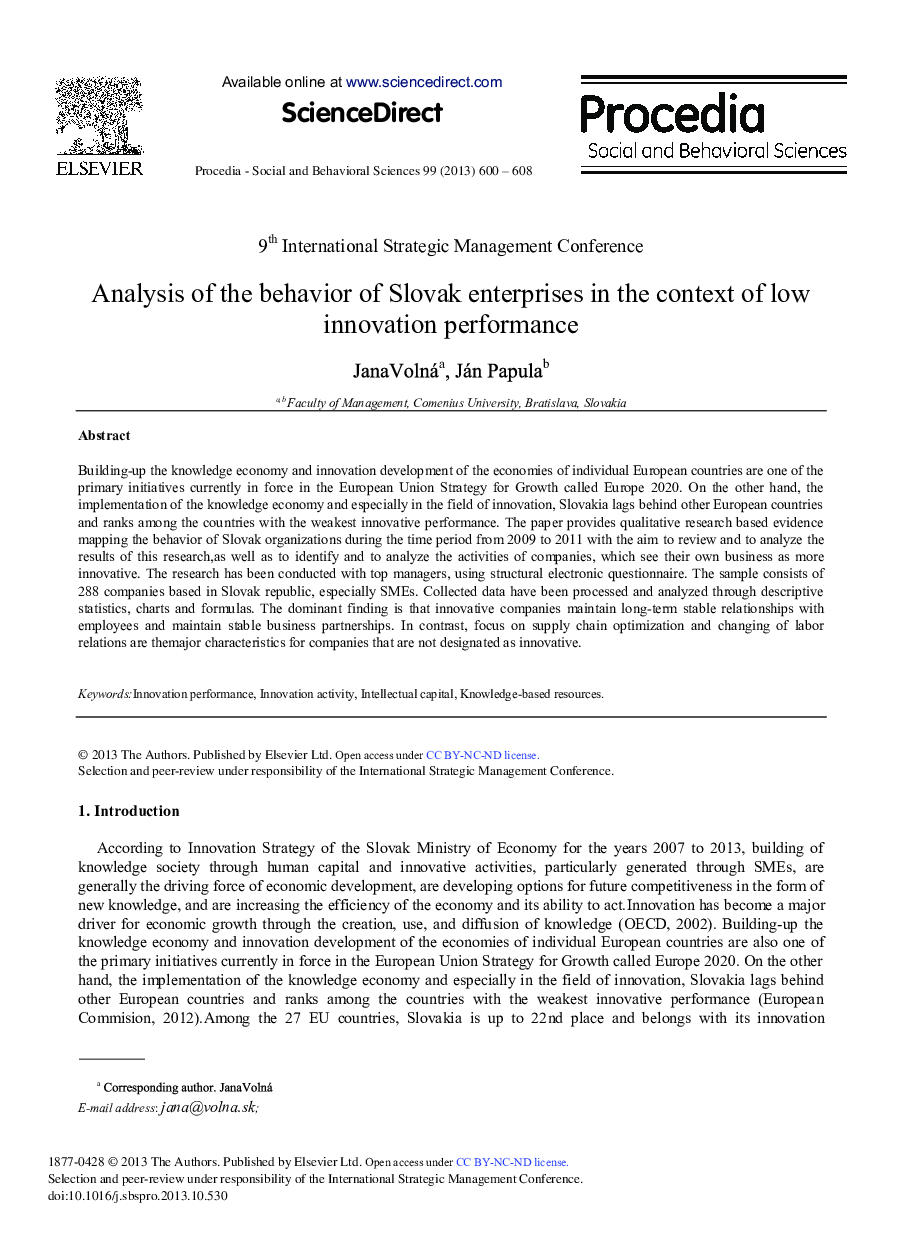 Analysis of the Behavior of Slovak Enterprises in the Context of Low Innovation Performance 