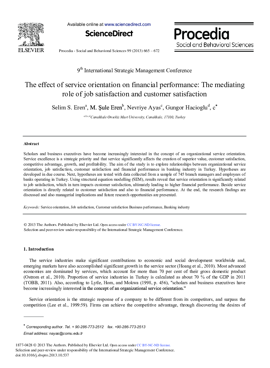 The Effect of Service Orientation on Financial Performance: The Mediating Role of Job Satisfaction and Customer Satisfaction 